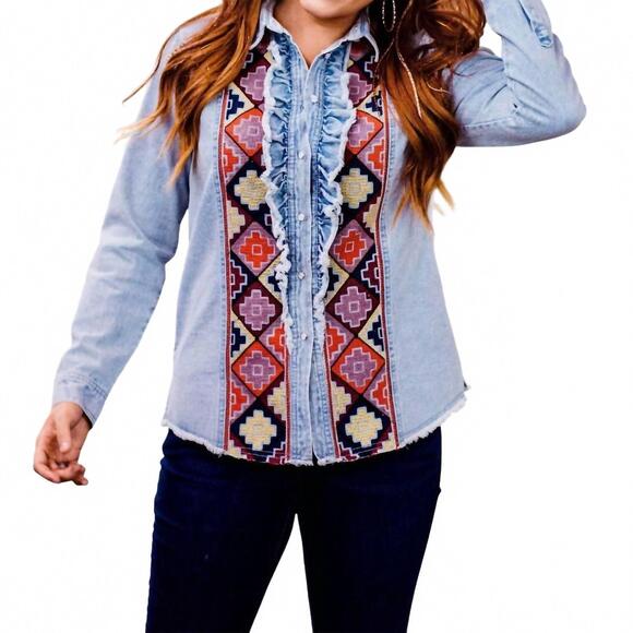 LAYERZ CLOTHING Tops - NEW LAYERZ CLOTHING clyde embroidered denim shirt in multicolor